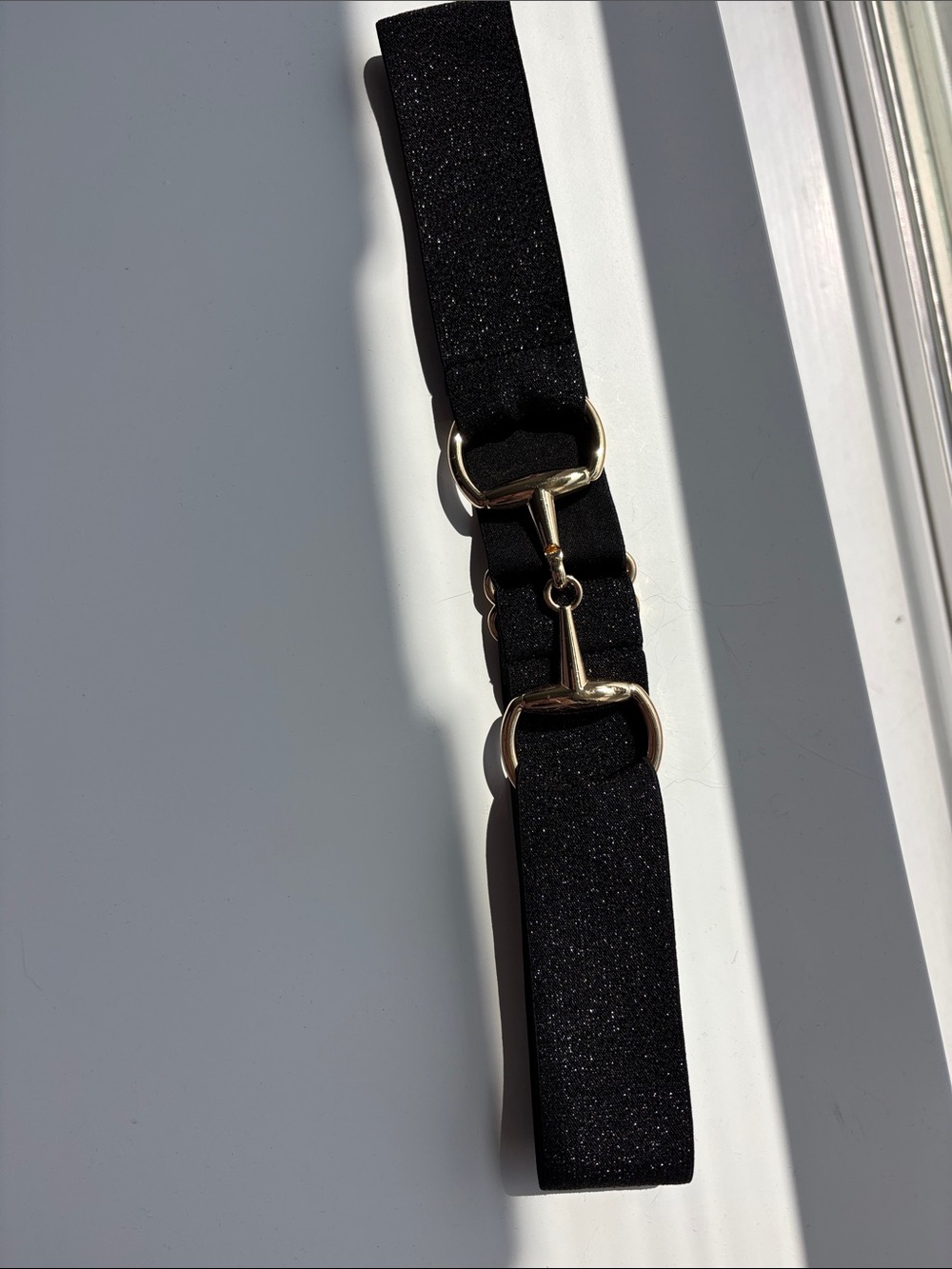 Black Elastic Waist Equestrian Belt with Gold Horsebit Accent